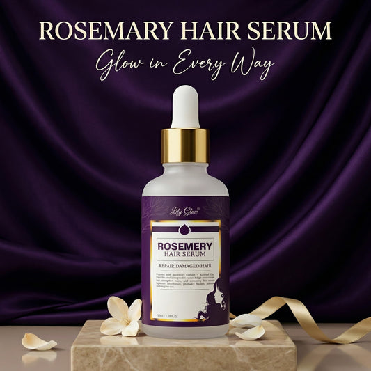 Rosemary hair serum bottle with dropper on a purple fabric background