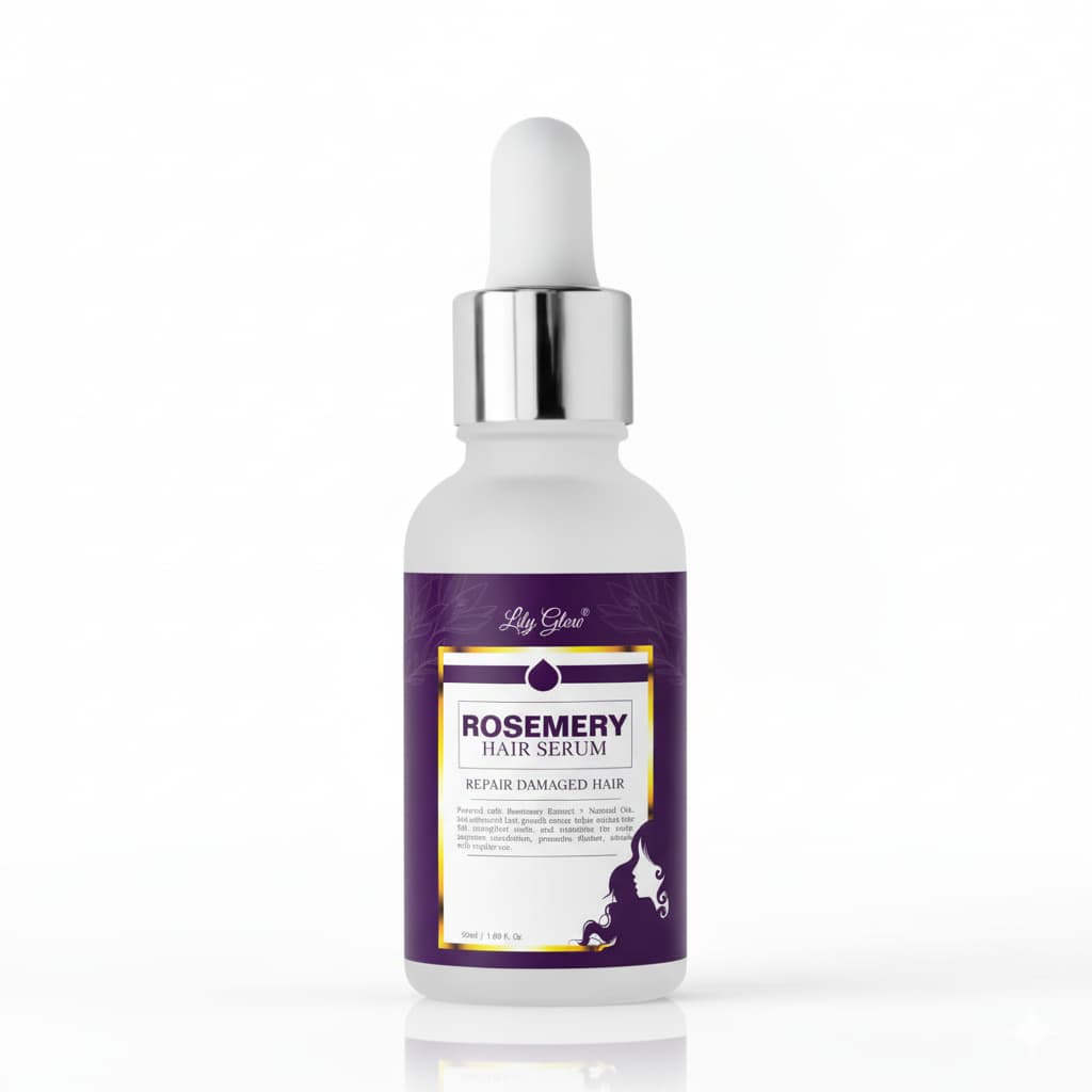 Rosemary hair serum bottle with dropper on a white background