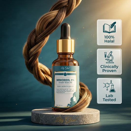 Hair serum bottle with a braid on a dark background, featuring 'Lily Glow' brand.