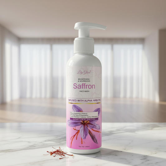 Saffron face wash bottle with a pink label on a marble surface