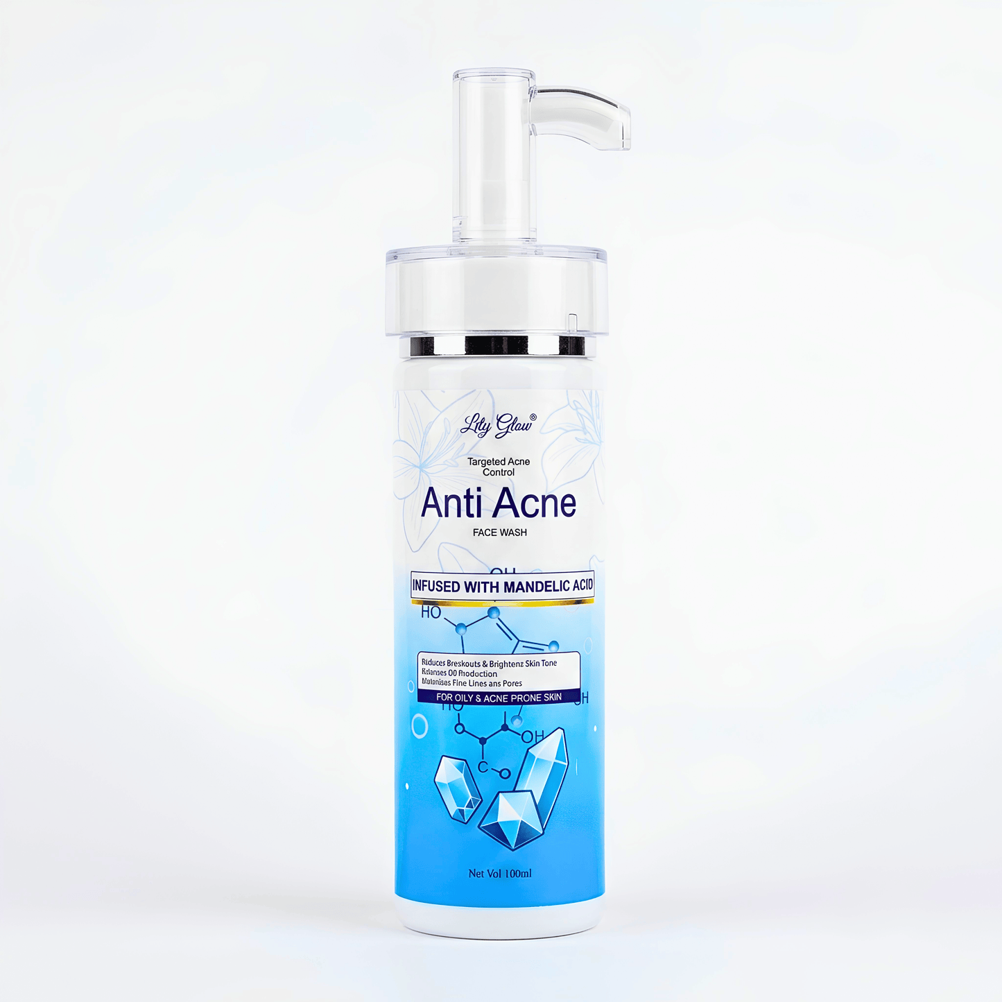 Lily Glow Anti Acne Face Wash with Mandelic Acid in a 100ml bottle for oily and acne-prone skin.