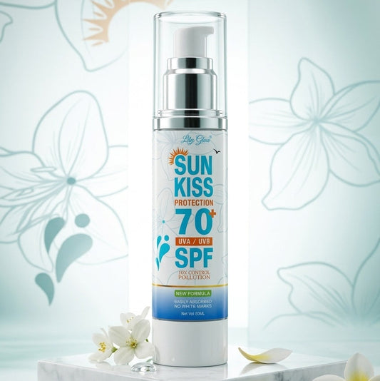A bottle of Lady Gailz Sun Kiss Protection 70+ SPF 30 sunscreen displayed on a white marble pedestal with white flowers, set against a light blue background with floral line drawings.