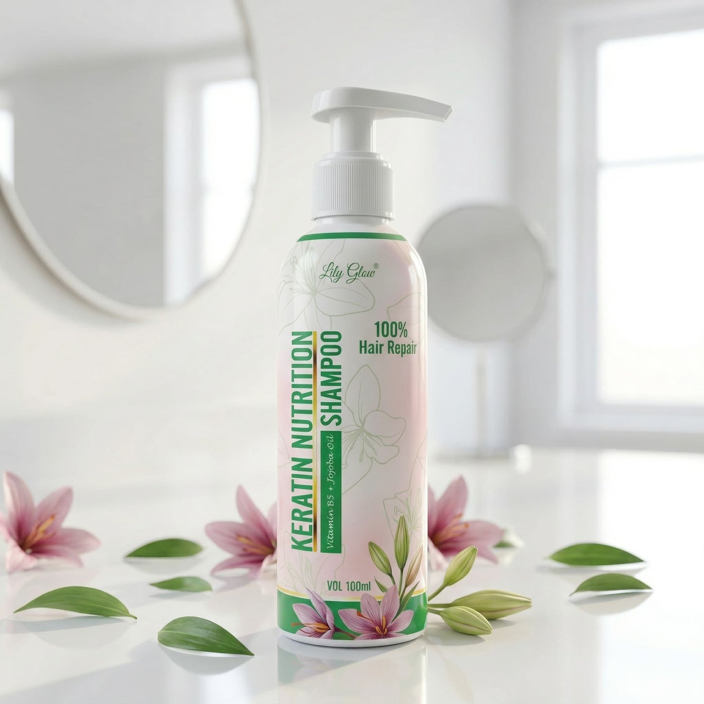 Pump bottle of Lily Glow Keratin Nutrition Shampoo (100ml) on a white surface, featuring green accents, floral lily illustrations, and text highlighting Vitamin B5, Jojoba Oil, and 100% hair repair.