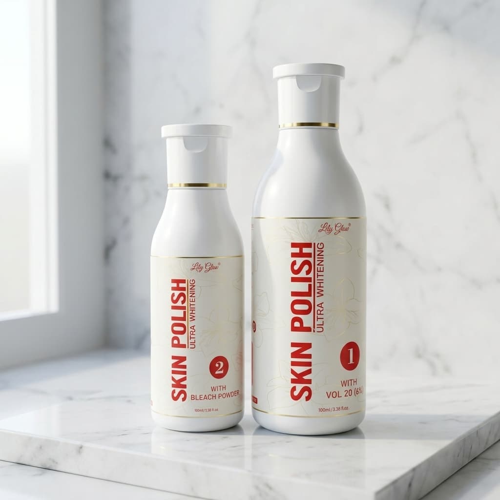 Two white bottles of Lily Glow Ultra Whitening Skin Polish resting on a marble surface; Bottle 1 features Vol 20 (6%) and Bottle 2 features Bleach Powder.