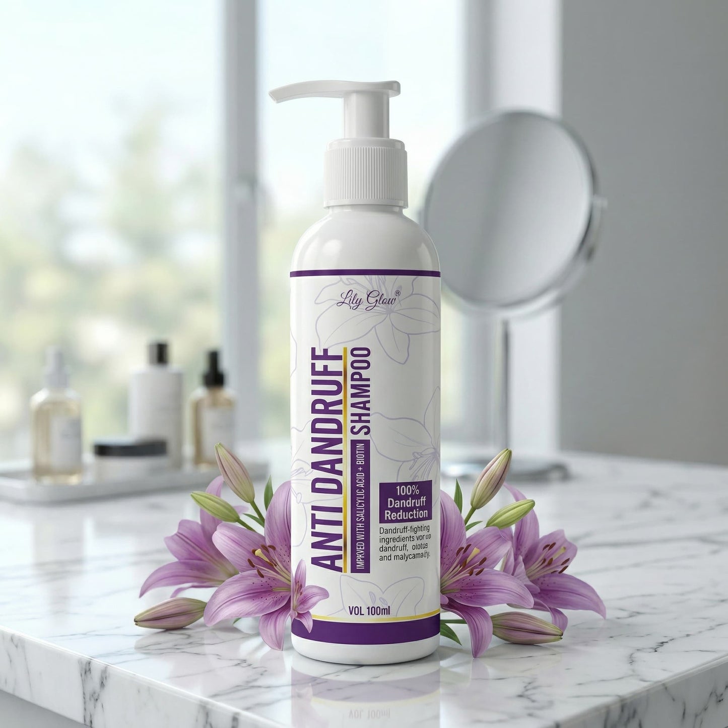 White pump bottle of Lily Glow Anti Dandruff Shampoo (100ml) displayed on a marble counter with purple lilies, featuring a purple label highlighting Salicylic Acid, Biotin, and 100% dandruff reduction.