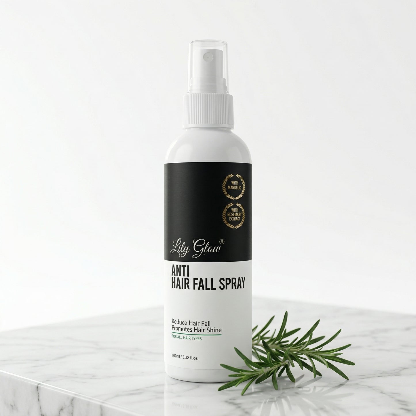 Shop Lily Glow Anti Hair Fall Spray. Infused with Mandelic Acid and Rosemary Extract to reduce hair fall, promote shine, and strengthen all hair types.