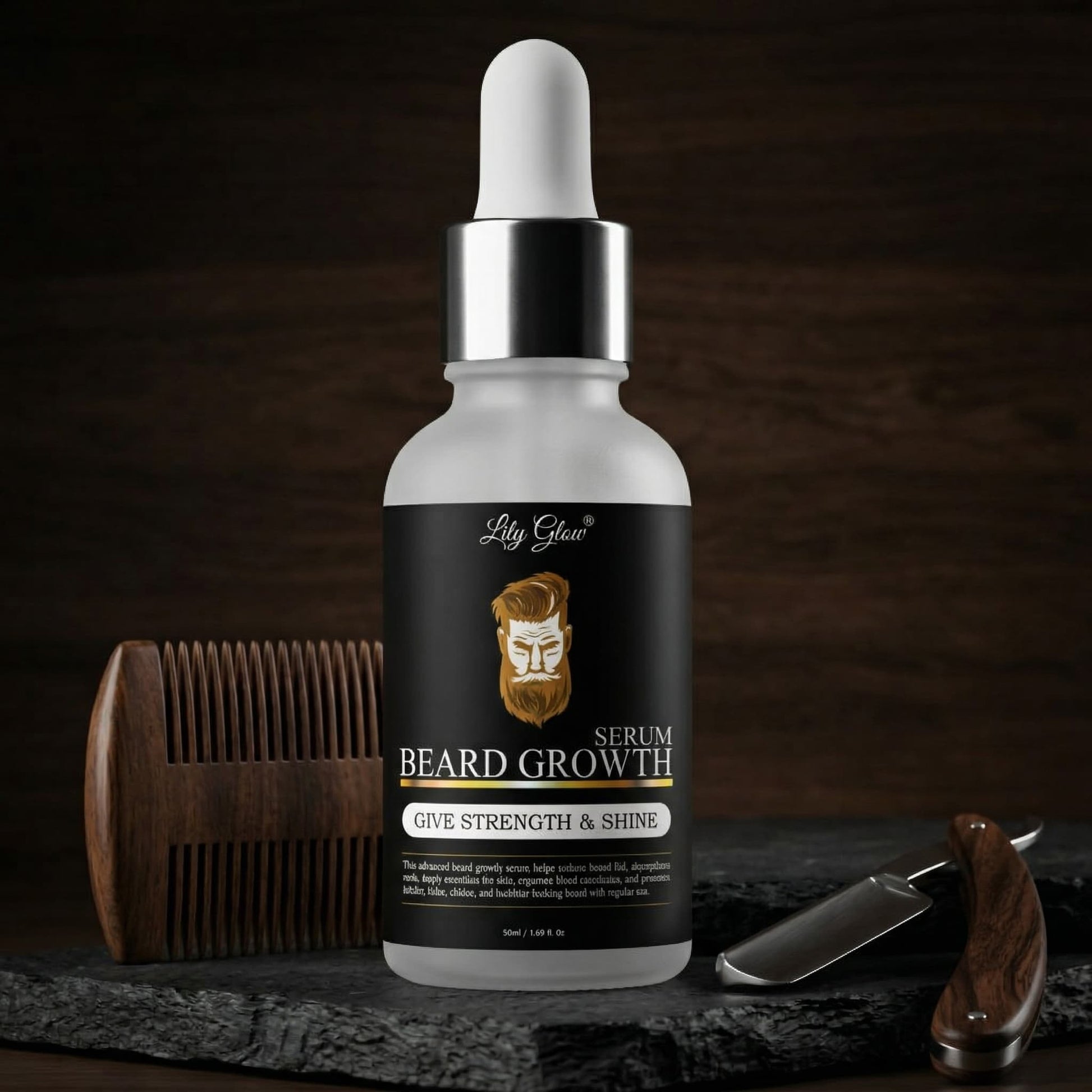 Lily Glow Beard Growth Serum bottle with Rosemary and Argan oil for thick beard.