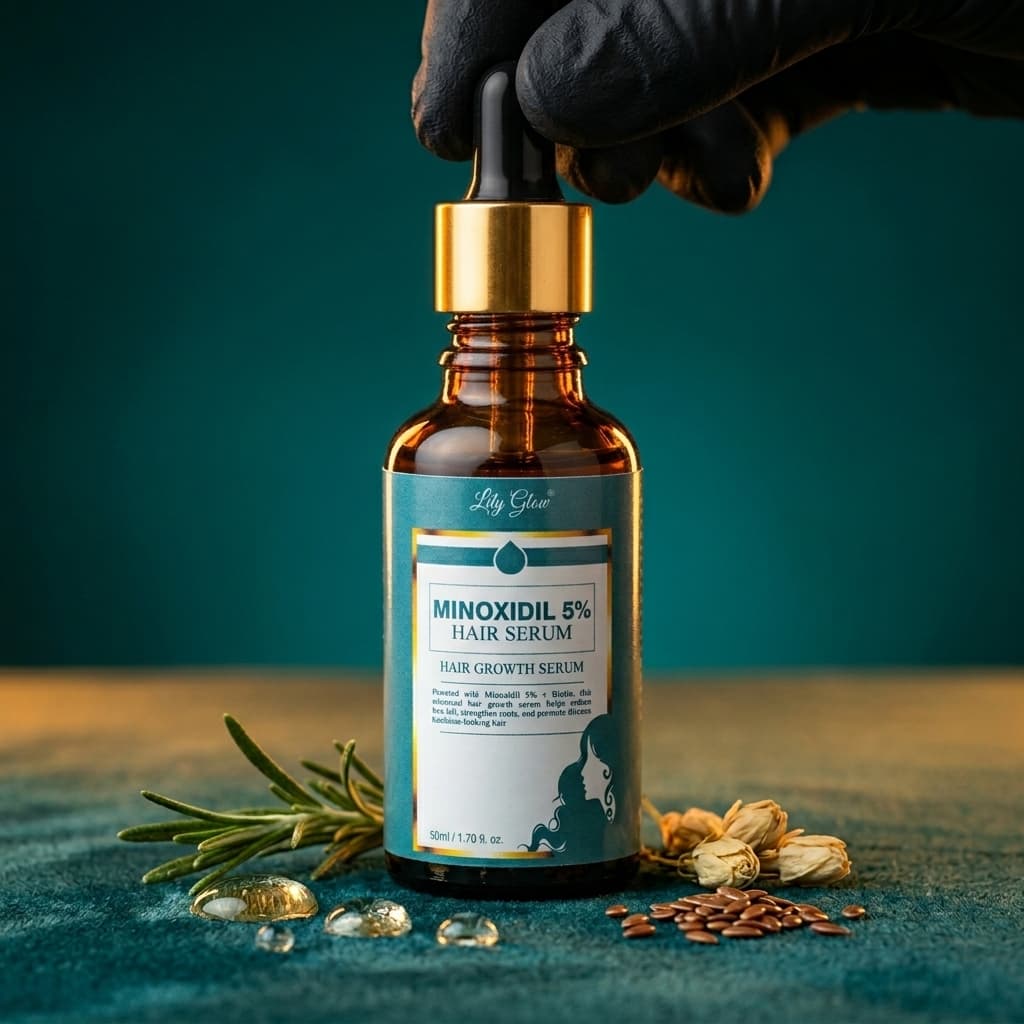 Bottle of Minoxidil 5% hair serum with a dropper on a textured surface with greenery.