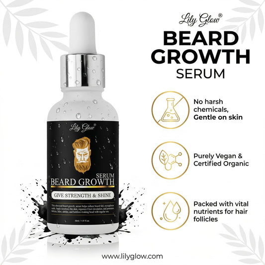 Lily Glow Beard Growth Serum bottle with Rosemary and Argan oil for thick beard.