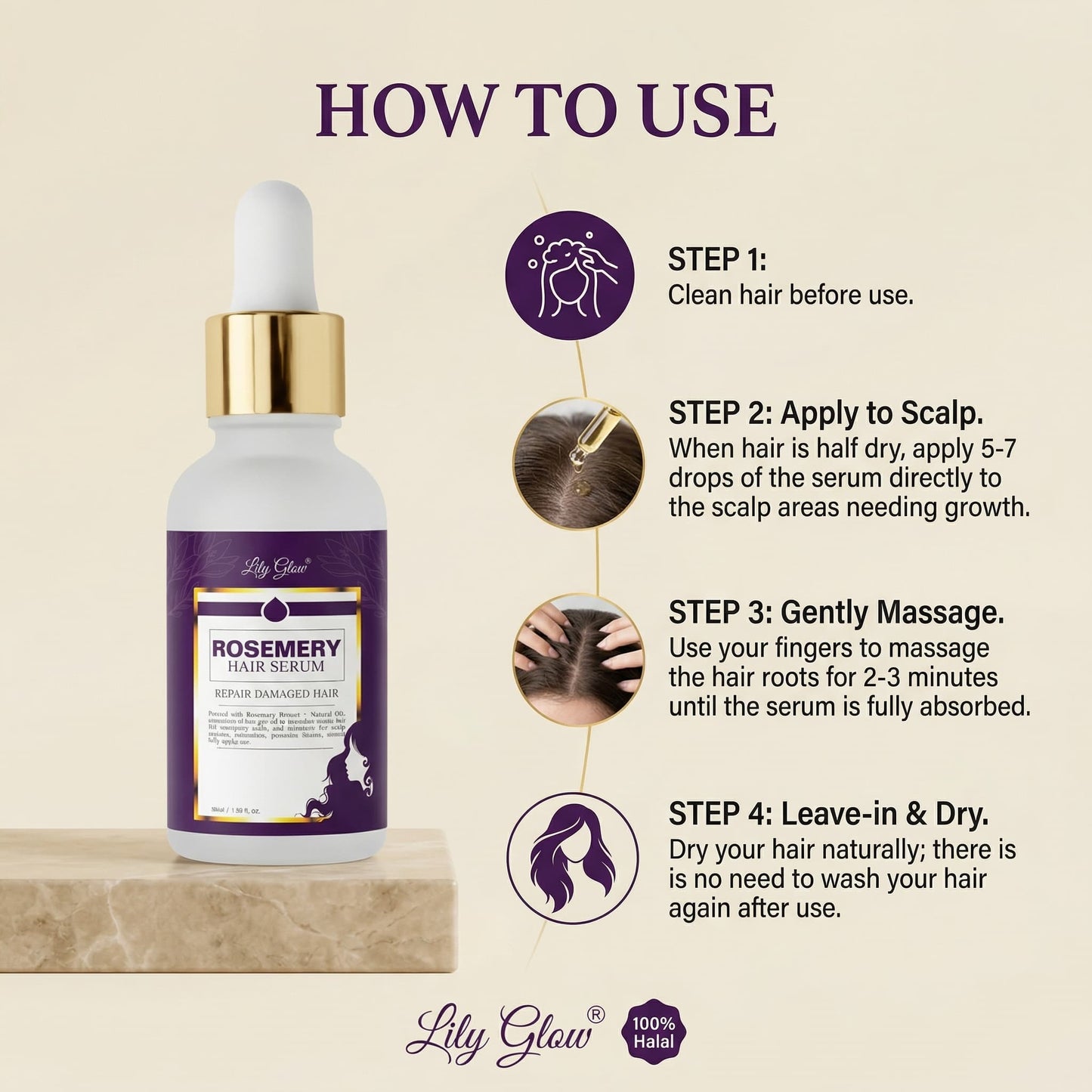 Hair serum bottle with usage instructions on a beige background