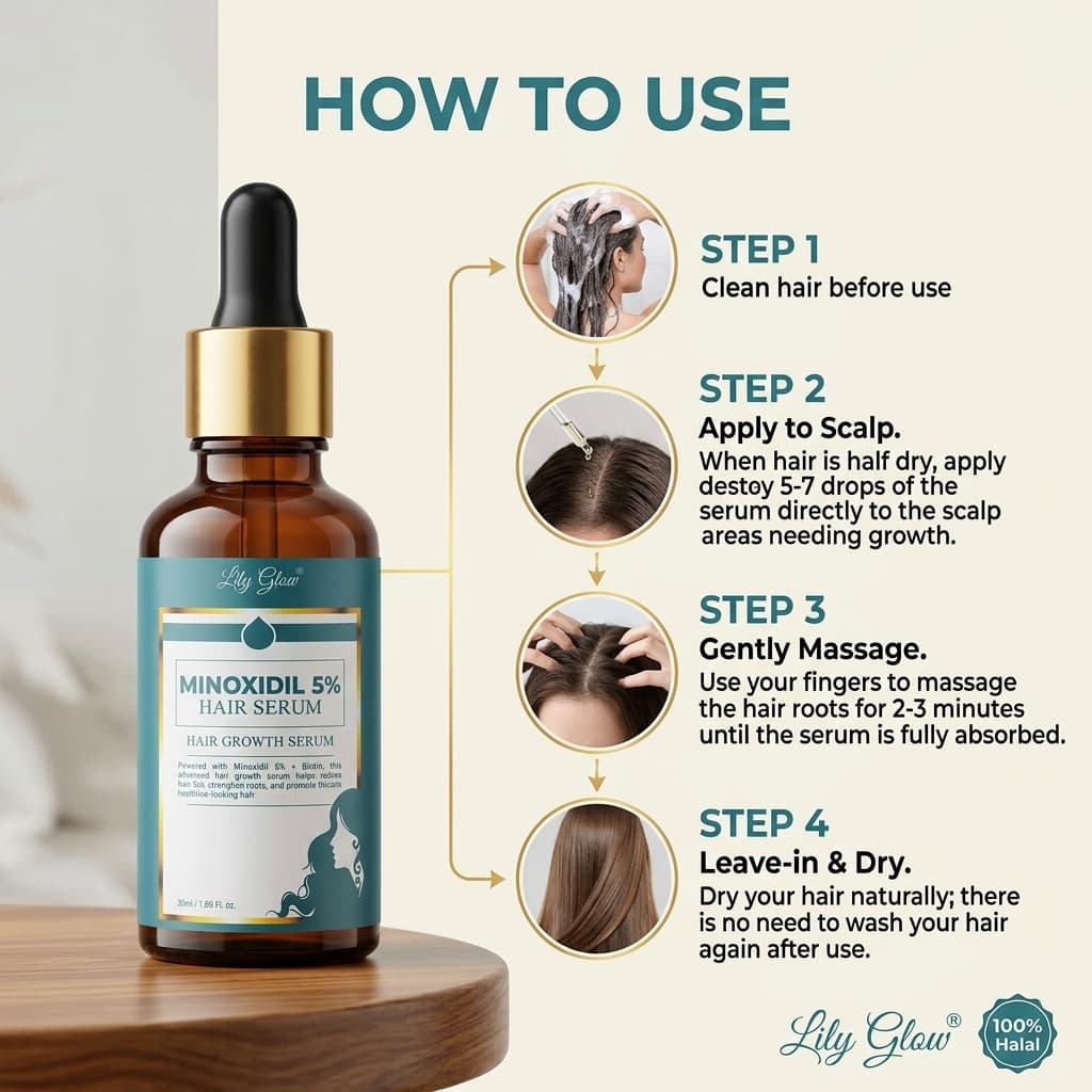 Hair serum bottle with usage instructions on a wooden stand