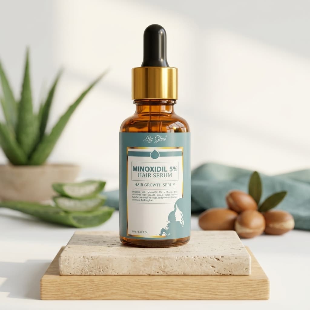 Lily Glow Minoxidil 5% Hair Serum bottle with Biotin and Niacinamide for hair regrowth.