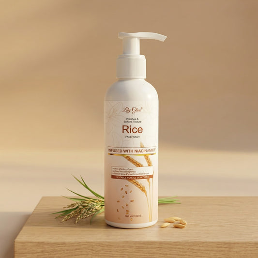 Lily Glow Rice Face Wash bottle infused with Niacinamide for instant skin brightening and polishing.