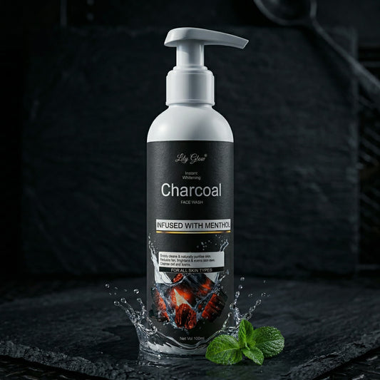 Lily Glow Charcoal Face Wash bottle infused with Menthol for instant whitening and deep cleansing.