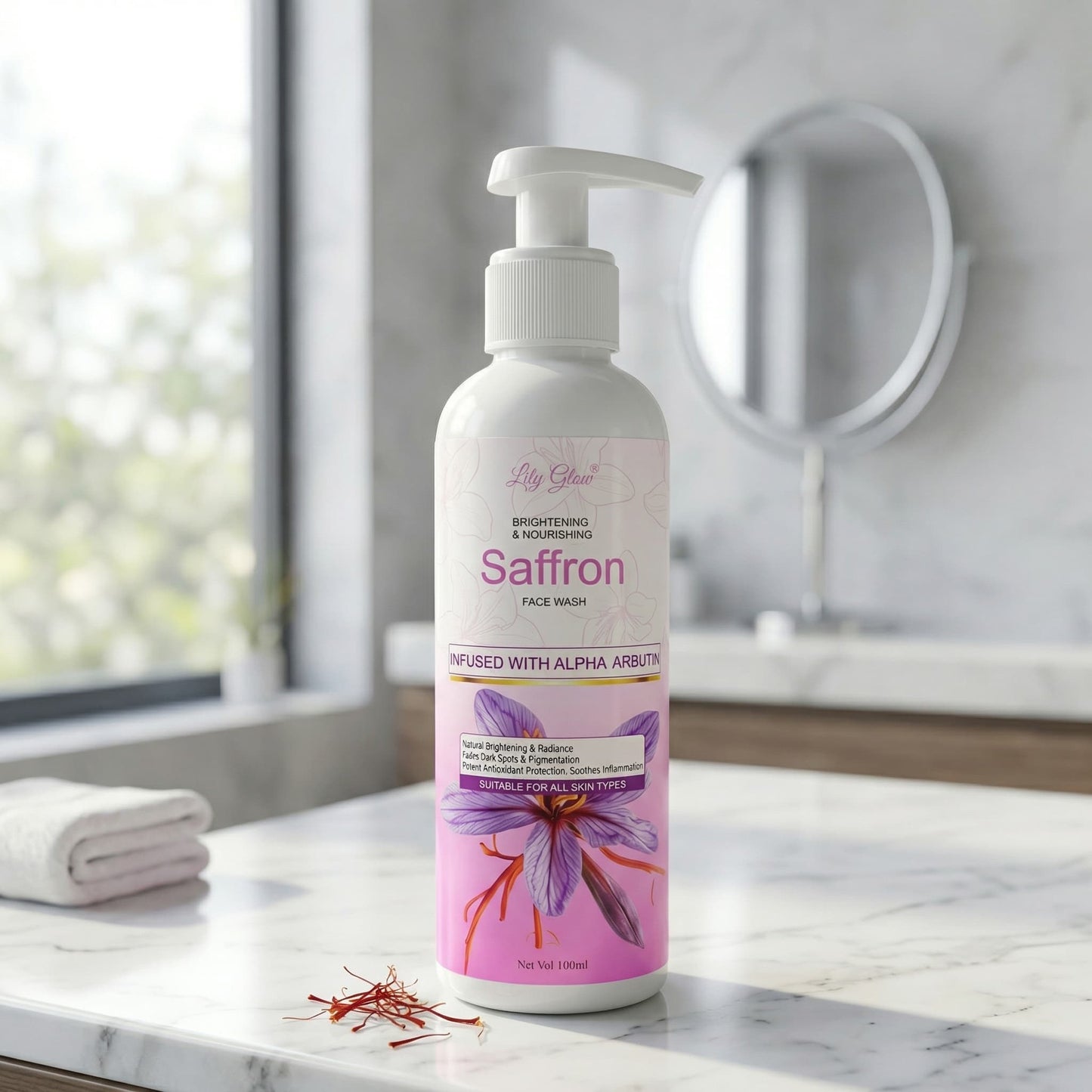 Lily Glow Saffron Face Wash with Alpha Arbutin and Turmeric for skin brightening and nourishing