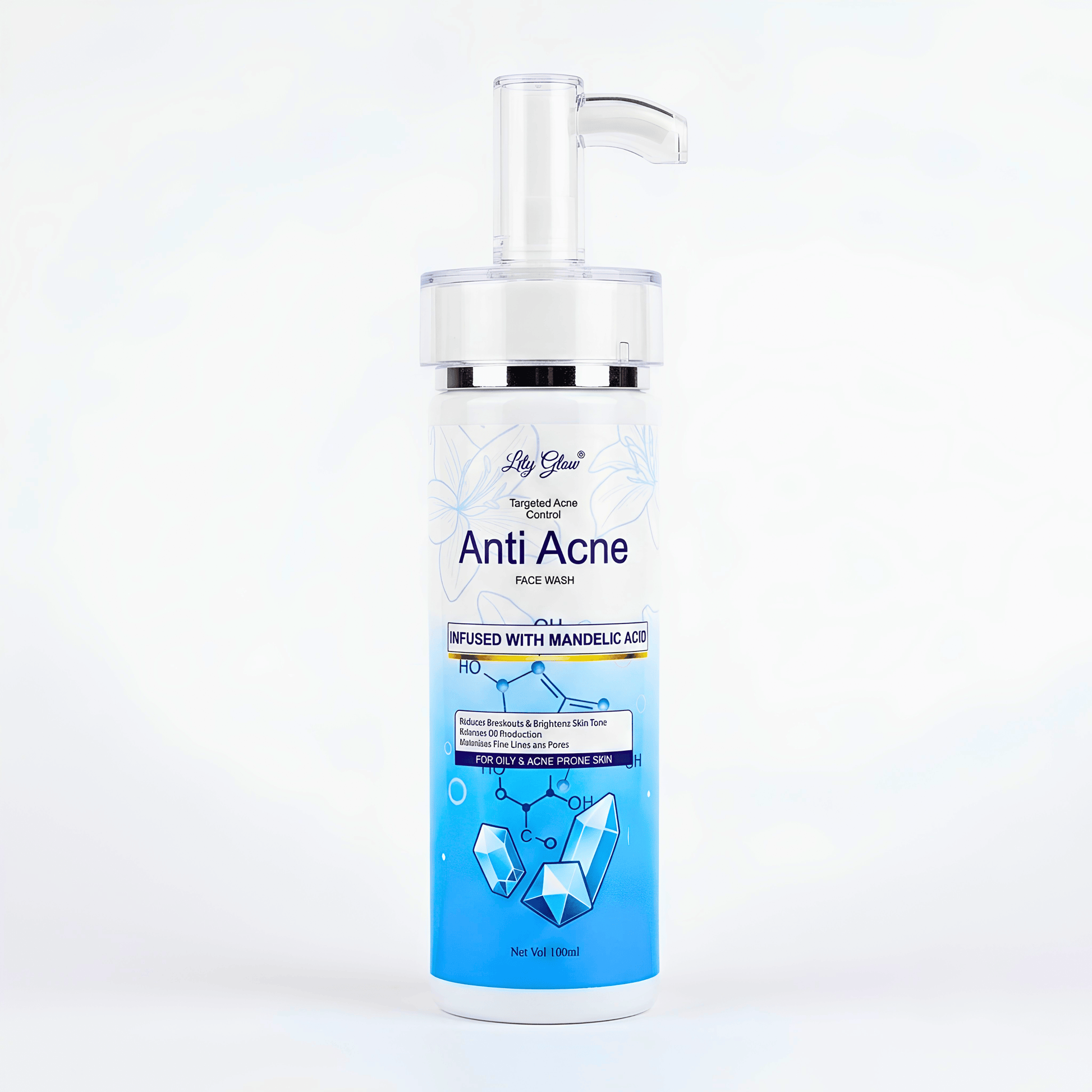 Lily Glow Anti Acne Face Wash with Mandelic Acid in a 100ml bottle for oily and acne-prone skin.