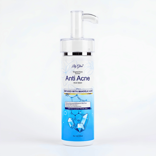 Lily Glow Anti Acne Face Wash with Mandelic Acid in a 100ml bottle for oily and acne-prone skin.