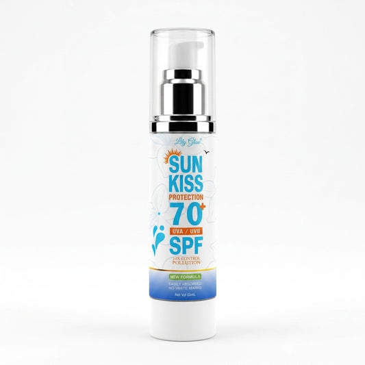 A 30 ml pump bottle of Fly Girl Sun Kiss Protection 70+ SPF sunscreen, featuring a white label with blue and orange text, a silver pump collar, and a clear cap, set against a plain white background.