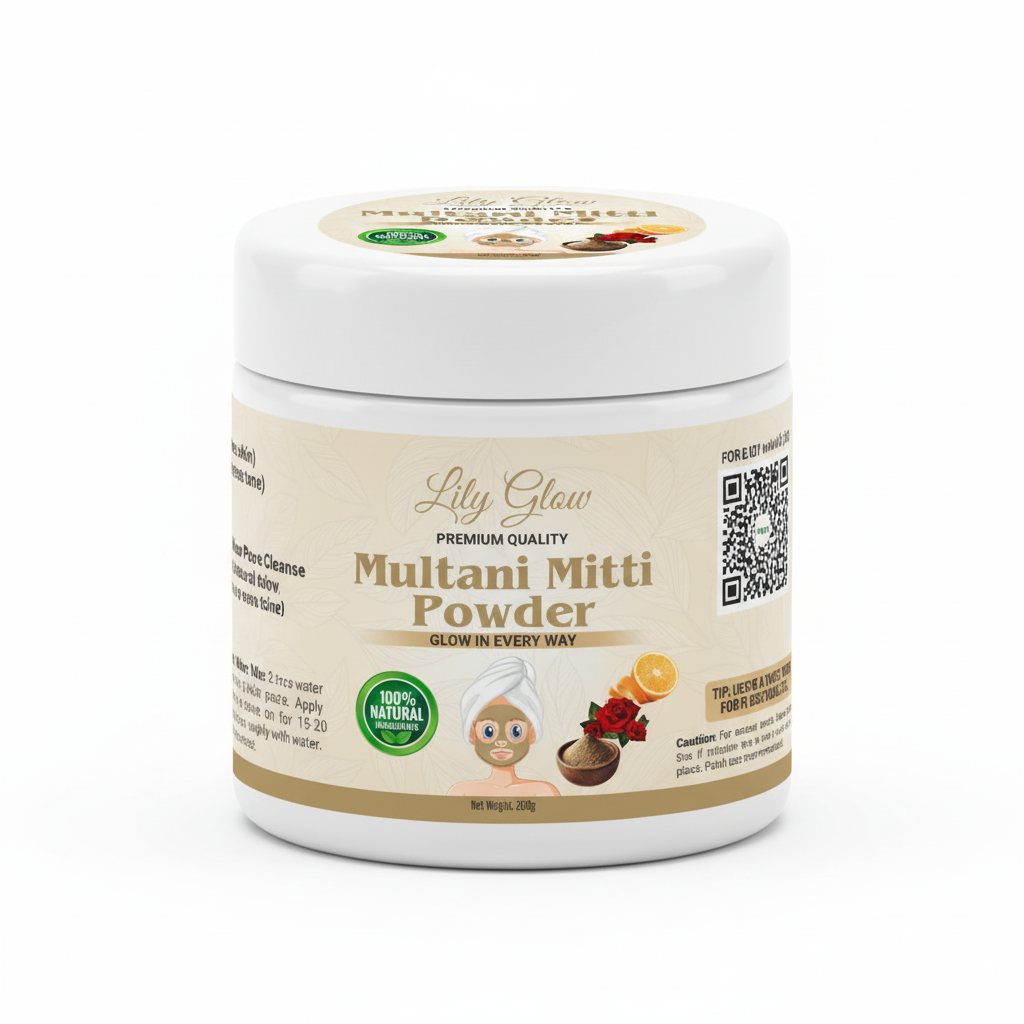 White container of Lily Glow Premium Quality Multani Mitti Powder, 200g, showing a 100% natural seal, an orange slice, red roses, and a cartoon illustration of a person wearing a face mask.