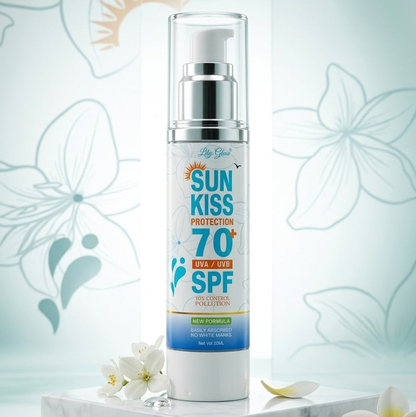 A bottle of Lady Gailz Sun Kiss Protection 70+ SPF 30 sunscreen displayed on a white marble pedestal with white flowers, set against a light blue background with floral line drawings.