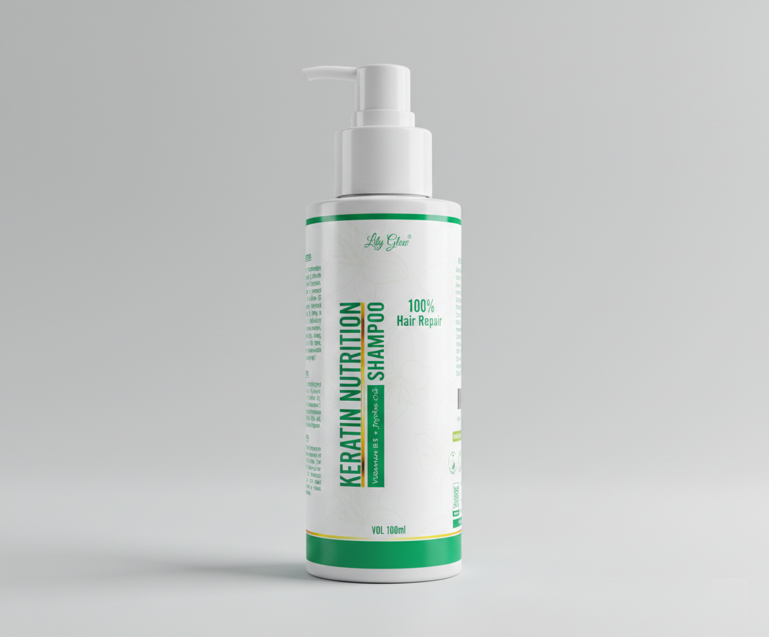 Lily Glow Keratin Nutrition Shampoo bottle with Vitamin B5 and Jojoba Oil for 100% hair repair.