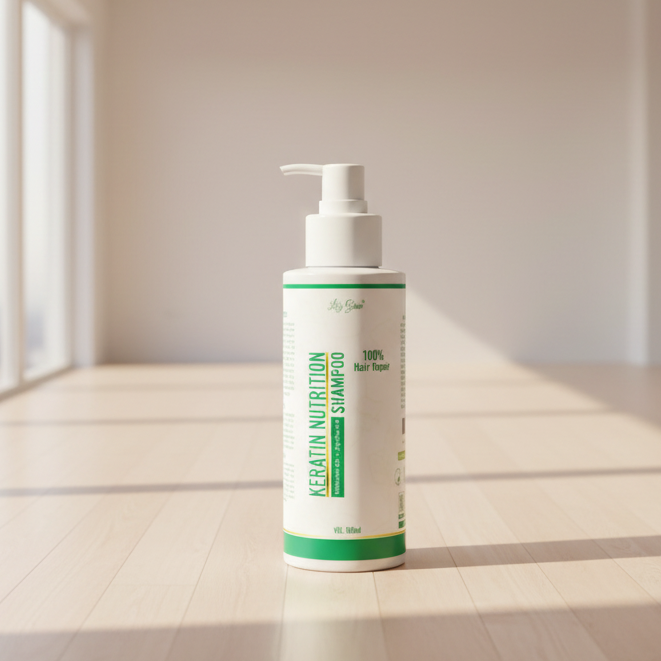Lily Glow Keratin Nutrition Shampoo bottle with Vitamin B5 and Jojoba Oil for 100% hair repair.