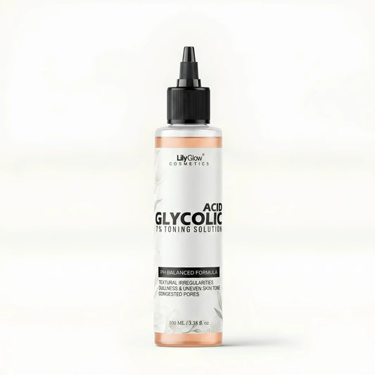 A 100 mL bottle of LilyGlow Cosmetics Acid Glycolic Peeling Solution, featuring a white label with black text and a black dropper cap, containing a peach-colored liquid, set against a clean white background.
