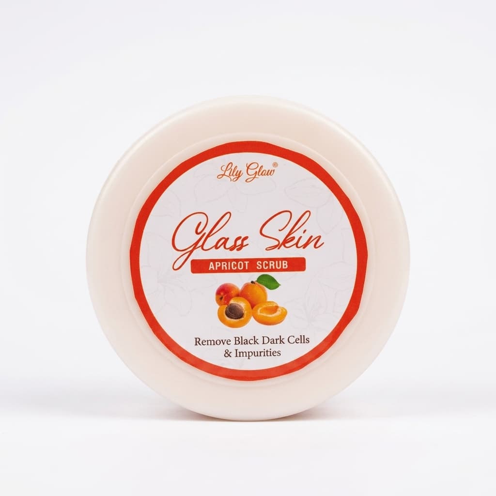 Round off-white jar of Lily Glow Glass Skin Apricot Scrub featuring a white and red label with an illustration of fresh apricots.