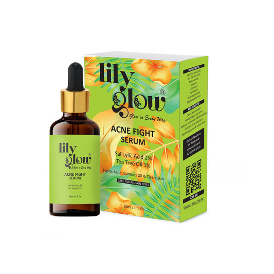 Lily Glow Acne Fight Serum with 2% Salicylic Acid and 1% Tea Tree Oil in a 30ml bottle with product packaging.