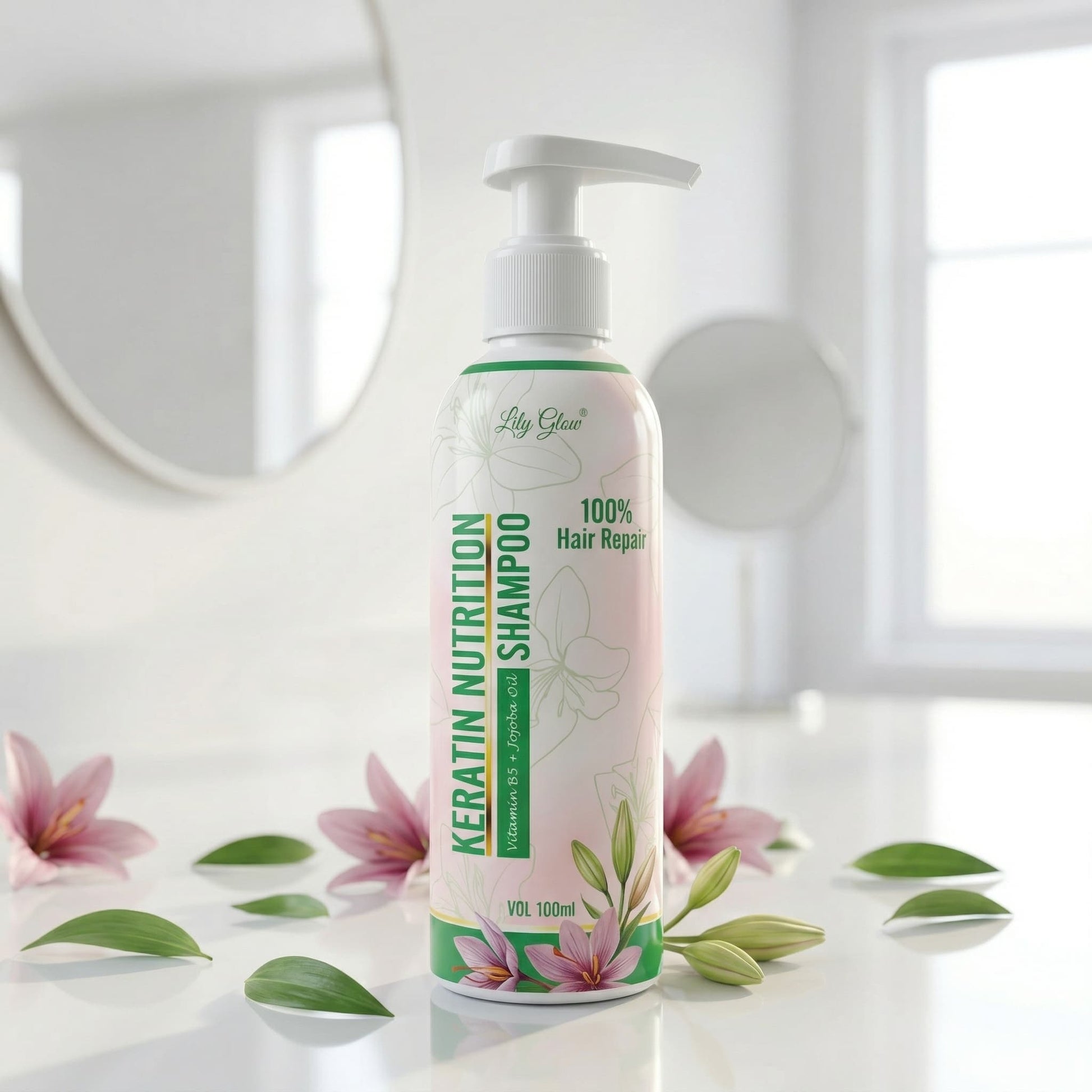 Pump bottle of Lily Glow Keratin Nutrition Shampoo (100ml) on a white surface, featuring green accents, floral lily illustrations, and text highlighting Vitamin B5, Jojoba Oil, and 100% hair repair.