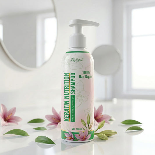 Pump bottle of Lily Glow Keratin Nutrition Shampoo (100ml) on a white surface, featuring green accents, floral lily illustrations, and text highlighting Vitamin B5, Jojoba Oil, and 100% hair repair.