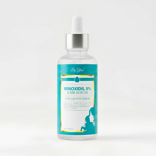 Lily Glow Minoxidil 5% Hair Growth Serum in a 30ml dropper bottle for hair regrowth and scalp care.