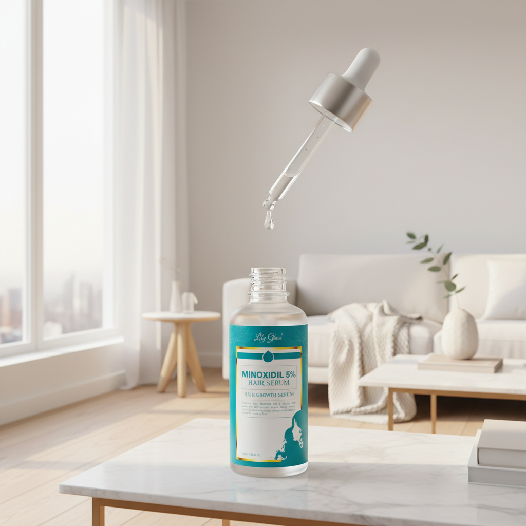 A bottle of Minoxidil 5% Hair Serum by Big Glow, featuring a clear glass bottle with a white dropper cap and a turquoise label with gold and white accents, set against a plain white background.