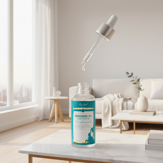 A bottle of Minoxidil 5% Hair Serum by Big Glow, featuring a clear glass bottle with a white dropper cap and a turquoise label with gold and white accents, set against a plain white background.
