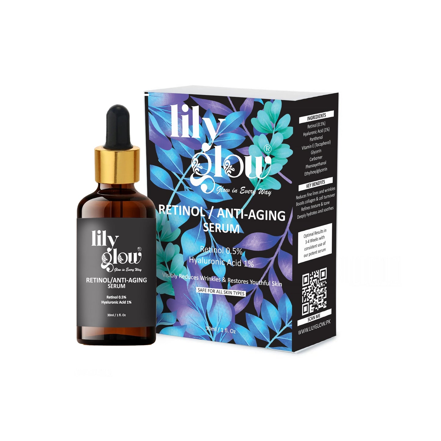 Lily Glow Retinol Anti-Aging Serum with 0.5% Retinol and 1% Hyaluronic Acid in a 30ml bottle with product packaging.