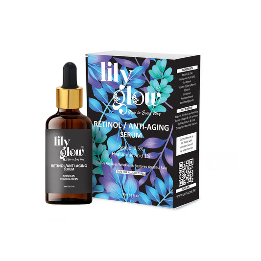 Lily Glow Retinol Anti-Aging Serum with 0.5% Retinol and 1% Hyaluronic Acid in a 30ml bottle with product packaging.