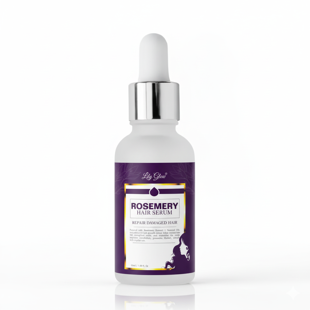 Lily Glow Rosemary Hair Serum in a 30ml dropper bottle for repairing damaged hair and nourishing the scalp.