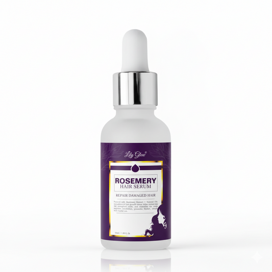 Lily Glow Rosemary Hair Serum in a 30ml dropper bottle for repairing damaged hair and nourishing the scalp.