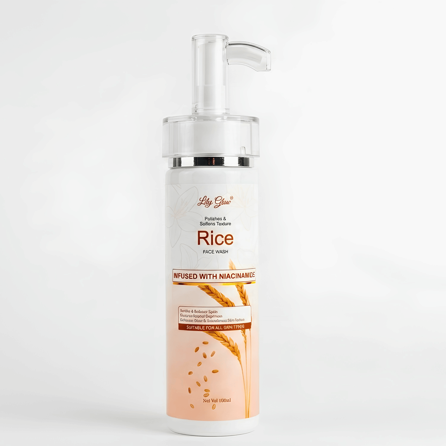 A bottle of Lily Glow Rice Purity Wash with a clear pump dispenser, featuring a white and peach label with illustrations of rice grains.