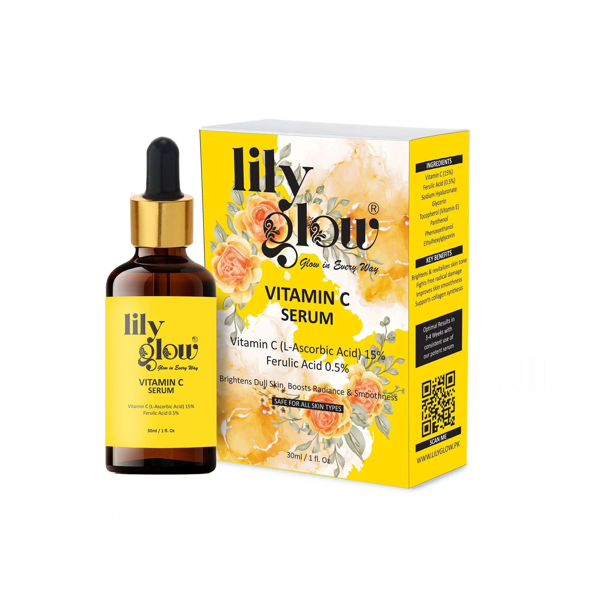 Lily Glow Vitamin C Serum with 15% Vitamin C (L-Ascorbic Acid) and 0.5% Ferulic Acid in a 30ml bottle with product packaging.