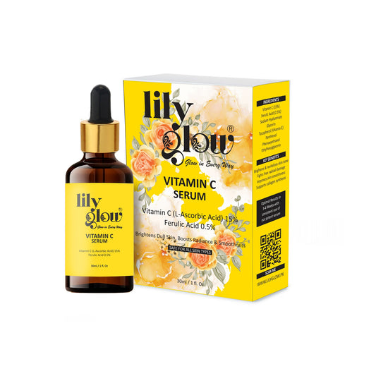 Lily Glow Vitamin C Serum with 15% Vitamin C (L-Ascorbic Acid) and 0.5% Ferulic Acid in a 30ml bottle with product packaging.