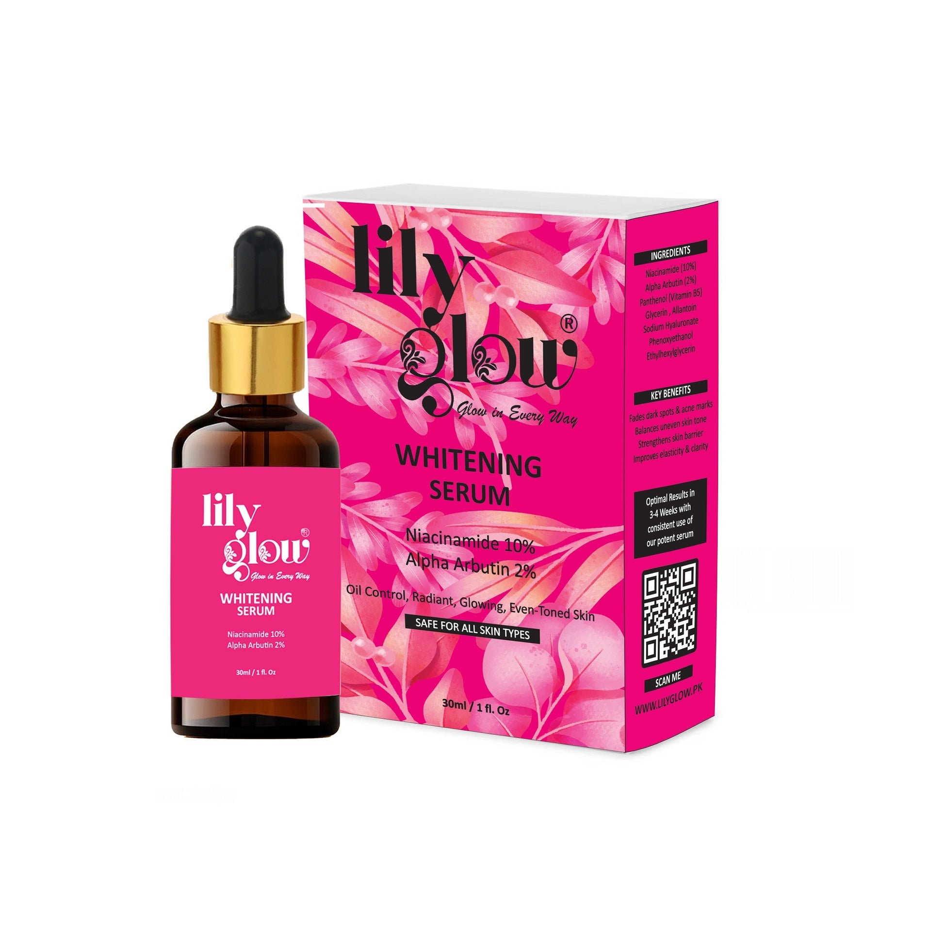 Lily Glow Whitening Serum with Niacinamide 10% and Alpha Arbutin 2% in a 30ml bottle with product packaging.