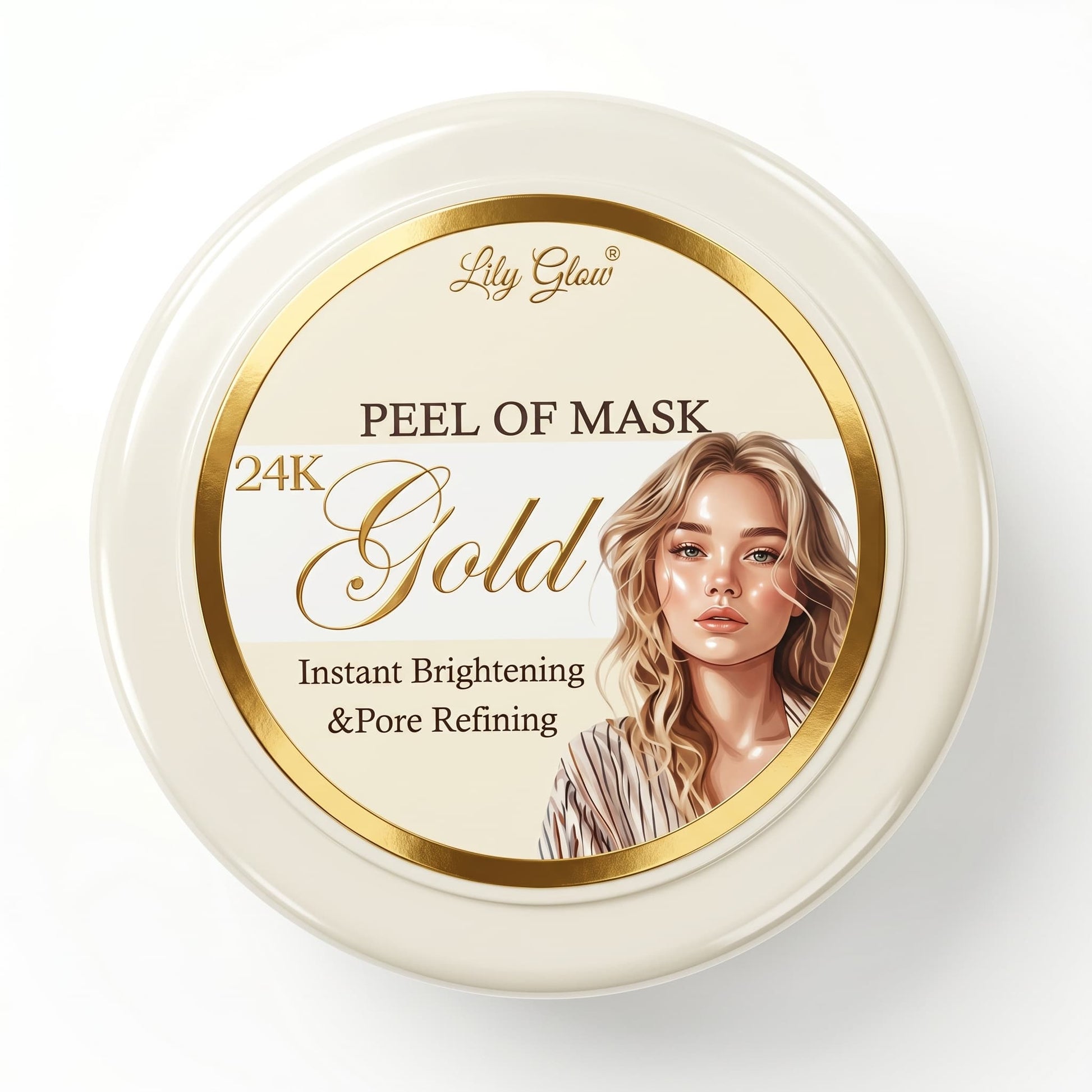 Lily Glow 24K Gold Peel Off Mask container featuring gold trim and an illustration of a woman with glowing skin, highlighting instant brightening and pore refining benefits.