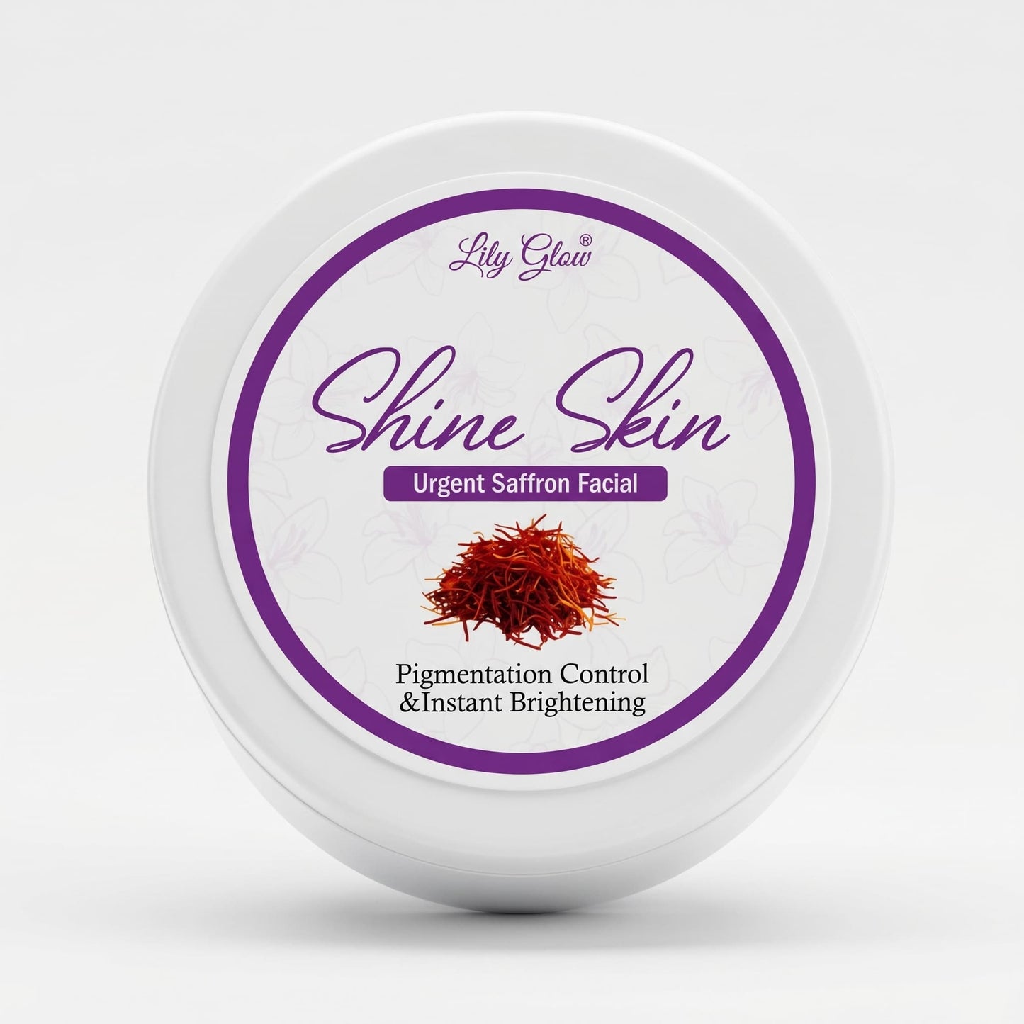 Round white jar of Lily Glow Shine Skin Urgent Saffron Facial with a purple circular border and an illustration of a pile of raw saffron threads.