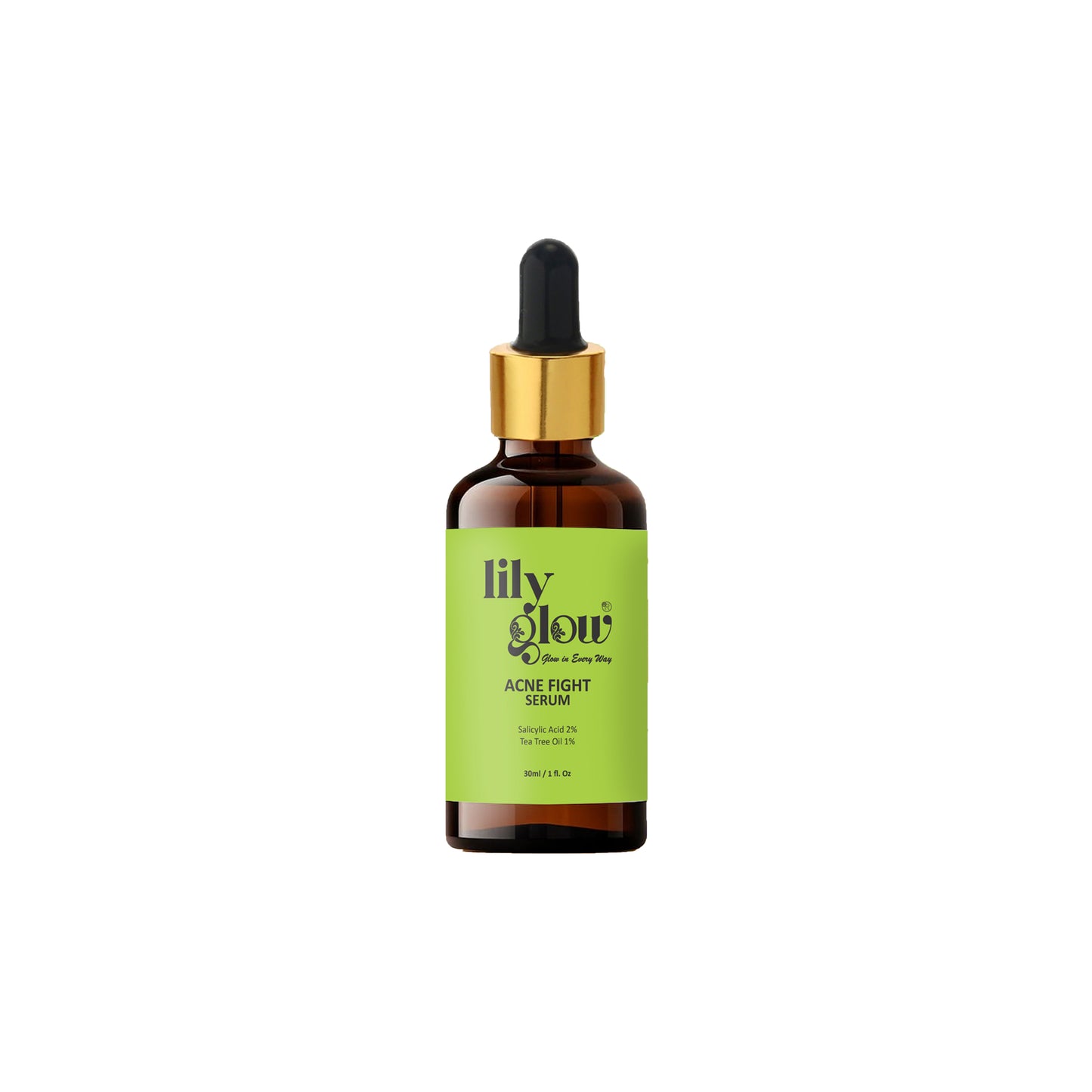 Lily Glow Acne Fight Serum with 2% Salicylic Acid and 1% Tea Tree Oil in a 30ml bottle with product packaging.