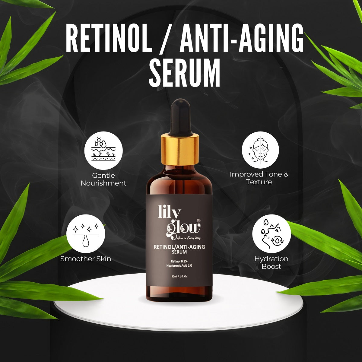 Lily Glow Retinol Anti-Aging Serum with 0.5% Retinol and 1% Hyaluronic Acid in a 30ml bottle with product packaging.