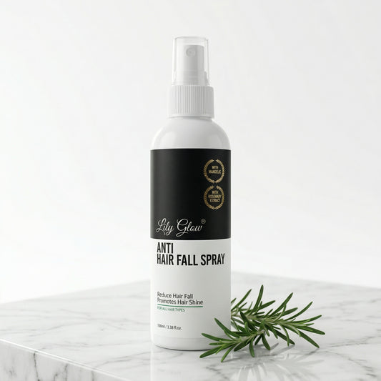 Shop Lily Glow Anti Hair Fall Spray. Infused with Mandelic Acid and Rosemary Extract to reduce hair fall, promote shine, and strengthen all hair types.