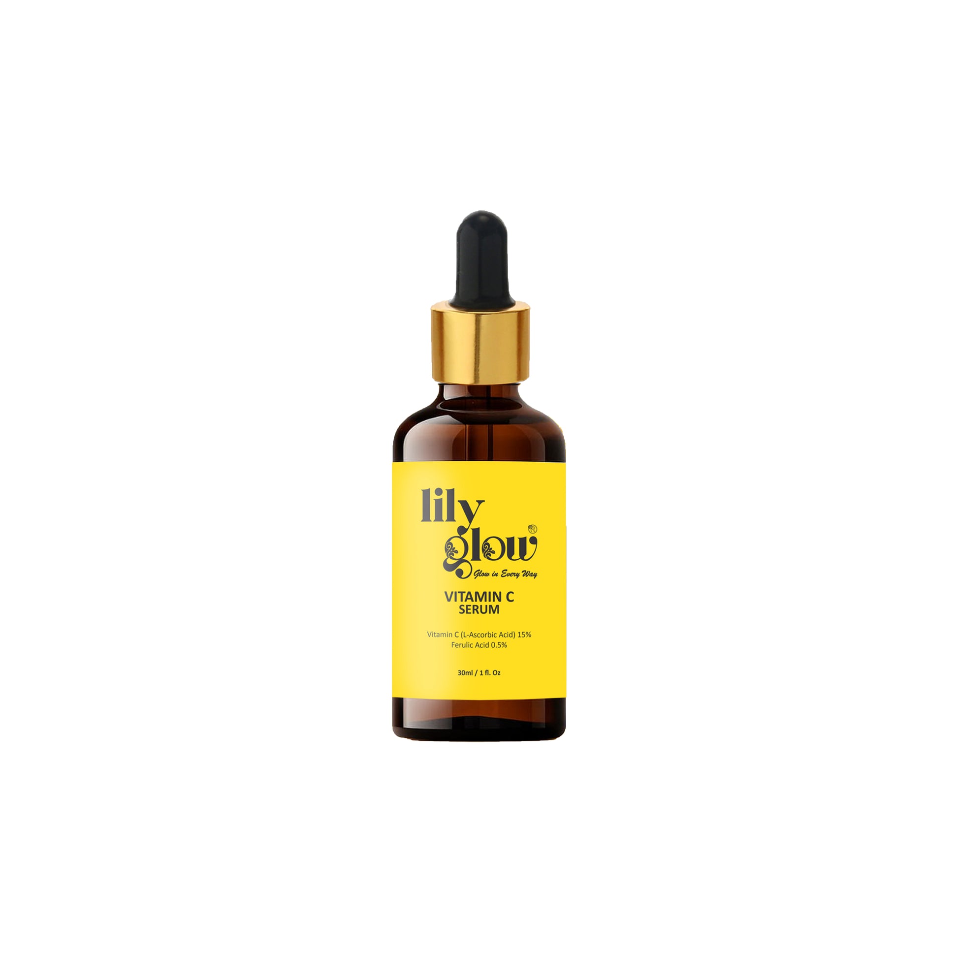 A 50ml amber glass dropper bottle of Lily Glow Vitamin C Serum with a bright yellow label and a gold collar, set against a plain white background.
